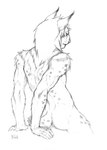 anthro biped felid feline fur hair hi_res koda_(kodalynx) kodalynx looking_away lynx male mammal monochrome muscular muscular_anthro muscular_male nude rear_view simple_background sitting skitalets solo tail white_background