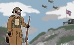 aircraft anthro avian avro_lancaster bird cannon cliffs cloud cloudy_sky collared_dove columbid hi_res jun_art juno_(jun_art) lee-enfield male ranged_weapon sky soldier_uniform solo union_jack vehicle weapon