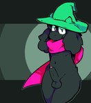 aliasing anthro big_ears black_body black_fur bodily_fluids bovid caprine catjam_(artist) clothing deltarune digital_media_(artwork) eyewear femboy fur genital_fluids genitals glasses goat green_clothing green_hat green_headwear hat headgear headwear looking_at_viewer male mammal penis pink_scarf precum ralsei scarf simple_background smile solo thick_thighs undertale_(series)