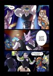 abs anthro anthrofied arcanine biceps bryan_(zourik) bulge chesnaught clothing comic corviknight dialogue dylan_(zourik) eeveelution english_text espeon feraligatr generation_1_pokemon generation_2_pokemon generation_4_pokemon generation_6_pokemon generation_7_pokemon generation_8_pokemon group hi_res legendary_pokemon lucario male muscular muscular_male nidoking nintendo nipples page_number pecs pokemon pokemon_(species) pokemorph pole solgaleo speech_bubble strip_club stripper stripper_pole text thong torracat underwear zeraora zourik