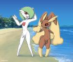 2019 3_fingers 3_toes animal_genitalia anthro balls beach biped black_sclera blue_sky day digital_media_(artwork) duo feet femboy fingers flaccid foreskin front_view fully_sheathed fur gardevoir generation_3_pokemon generation_4_pokemon genitals gesture hi_res humanoid_genitalia humanoid_penis looking_at_viewer lopunny male navel nintendo nipples nude outside penis pokemon pokemon_(species) red_eyes seaside sheath sky standing toes water waving zeklullaby