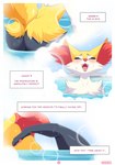 absurd_res bath blush bodily_fluids braixen butt butt_shot comic dark_text ellie_the_braixen english_text eyelashes eyes_closed fur generation_6_pokemon heart_after_text heart_symbol hi_res inner_monologue looking_pleasured male male_(lore) nikkibunn nintendo number open_mouth page_number pawpads pokemon pokemon_(species) purple_heart purple_text signature solo sweat teeth text text_box text_with_heart thick_eyelashes thinking tongue water wet white_body white_fur yellow_body yellow_fur