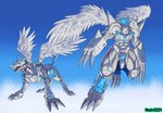 absurd_res ambiguous_gender anthro armor bandai_namco big_claws blue_background blue_hair blue_stripes claws digimon digimon_(species) duo feathers feral glowing hair headgear helmet hi_res horn metalgarurumon muscular noki001 open_mouth paws raised_leg red_eyes simple_background sparkles spikes standing stripes wargreymon white_armor white_body white_wings wings