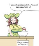 2023 big_breasts breasts brown_hair clothed clothing dialogue english_text female hair huge_breasts human katie_(milkbuni) mammal milkbuni nintendo pokeball pokemon pokemon_breeder simple_background solo text white_background