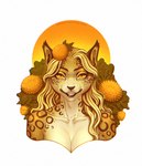 accessory anthro blonde_hair curled_hair ear_tuft felid feline female flower flower_in_hair fur hair hair_accessory hi_res looking_at_viewer lynx mammal marigold_(flower) plant portrait road~abelgeym solo tassels tuft yellow_body yellow_eyes yellow_fur