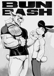 2023 anthro black_and_white bottomwear bulge bun_bash champion_belt clenched_teeth clock clothed clothing comic cover_art digital_media_(artwork) duo english_text fist gary_(peculiart) grin hair handwear hare lagomorph leporid long_hair looking_at_another looking_at_viewer male mammal monochrome muscular muscular_male niko_(peculiart) pants peculiart pose rabbit shirt short_hair smile t-shirt teeth text threatening threatening_violence topwear vein veiny_muscles watch wrestling wrestling_belt