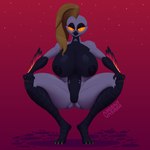 1:1 3_toes 5_fingers abstract_background absurd_res anthro argentvasimr arm_feathers aster_sinclair bangs beak big_breasts black_beak black_body black_countershading black_scutes breasts countershading crouching featureless_crotch feet female fingers glowing glowing_eyes hi_res huge_breasts looking_at_viewer multicolored_body nipples non-mammal_breasts scuted_arms scuted_legs scutes side_cut simple_background solo swept_bangs thick_thighs tiptoes toes two_tone_body white_body