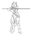 anthro armor bag capngoku dusty_heartwood_(oc) ears_up equid equine female holding_object holding_weapon mammal melee_weapon monochrome solo sword unfinished weapon