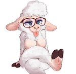 2_toes anthro bodily_fluids bovid breasts caprine crossed_legs dawn_bellwether disney drooling eyewear eyewear_only feet female foot_focus glasses glasses_only green_eyes hi_res hoof_fetish hooves mammal nipples nude pawfunk_(artist) saliva sheep simple_background sitting solo toes tongue tongue_out wearing_glasses white_background zootopia