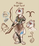 anthro arrow_(weapon) atane27 bow_accessory clothed clothing domestic_ferret facial_tattoo female hi_res mammal mildri_(atane27) mustelid musteline ranged_weapon red_eyes smiley_face solo tattoo true_musteline weapon weasel white_body