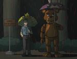 animated animatronic anthro avian bear bird bonnie_(fnaf) bow_(feature) bow_tie chica_(fnaf) chicken clothing crossover duo english_text five_nights_at_freddy's footwear forte-girl7 freddy_(fnaf) galliform gallus_(genus) ghibli hat headgear headwear holding_object holding_umbrella human lagomorph leporid lol_comments long_ears looking_at_viewer machine male mammal mike_schmidt my_neighbor_totoro night nude outside parody phasianid plant rabbit raining robot scottgames security shoes short_playtime sign standing text totoro_bus_stop tree umbrella