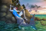 anthro black_hair bulge clothing eyewear feet femboy fish gamma052 grey_body hair humanoid_feet humanoid_hands isimir_(gamma052) male marine one-piece_swimsuit outside plantigrade raised_arm shark sideless_swimsuit solo swimwear tight_clothing