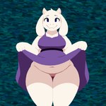 1:1 anthro anxietyfilledfluf blue_eyes bottomless bovid breasts caprine clothed clothing female flashing flashing_pussy genitals goat horn looking_at_viewer mammal mature_female navel no_underwear pussy slightly_chubby smile solo teasing thick_thighs thigh_gap toriel undertale_(series) upskirt wide_hips