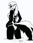 2021 anthro bikini breasts clothing ear_piercing ear_ring female hair hi_res kelly_o'dor looking_at_viewer looking_back looking_back_at_viewer mammal mephitid monochrome partially_submerged piercing ring_piercing skunk solo swimwear tegerio two-piece_swimsuit whiskers zandar's_saga