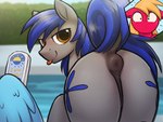 4:3 absurd_res aerial_ace anus big_macintosh_(mlp) blue_hair blush brown_eyes butt cutie_mark dock_(anatomy) equid equine equine_anus fan_character female feral friendship_is_magic group hair hasbro hi_res horse lidded_eyes looking_back male male/male mammal my_little_pony pony pool poolside puffy_anus rainbow_dash_(mlp) raised_tail selenophile smile sunscreen surprised_expression tail tail_anus tongue trio wings