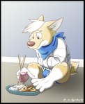 2016 anthro avery_(vir-no-vigoratus) barefoot blue_briefs blue_clothing blue_eyes blue_underwear briefs brown_nose bulge canid canine canis chopsticks clothed clothing colored_seam_underwear domestic_dog feet food fur hair herding_dog holding_chopsticks holding_object inside kerchief lock male mammal padlock pantsless pantsless_anthro pantsless_male pastoral_dog pawpads pink_pawpads plate restraints rice signature sitting solo squid_(food) straitjacket text underwear url vir-no-vigoratus welsh_corgi white_body white_fur white_hair white_seam_briefs white_seam_underwear white_straitjacket white_text