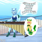 1:1 absurd_res anthro beach_background bikini blue_body blue_clothing blue_eyes blue_fur blue_hair bottomwear breasts brown_body brown_eyes brown_fur clothing cutaway duo ear_piercing ear_ring eeveelution expression_cutaway eyeliner female fur generation_4_pokemon glaceon green_body green_clothing green_fur hair heart_eyes heart_symbol hi_res jewelry leafeon lisa_devellis makeup marimba marissa_reinhart musical_clef musical_instrument musical_note musical_symbol necklace nintendo one-piece_swimsuit pattern_clothing pattern_swimwear percussion_instrument piercing pokemon pokemon_(species) ring_piercing scoutthecat02 singing skirt small_breasts solo_focus swimwear symbol tail tail_motion tailwag two-piece_swimsuit