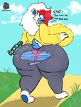 absurd_res anthro bear big_breasts big_butt blue_body blue_fur bottomwear breasts butt clothing female femdom_(tuffthecat) fur hair hi_res huge_breasts mammal open_mouth solo text torn_clothing tuff_and_friends tuffthecat wardrobe_malfunction white_body white_fur