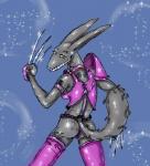 breasts clothed clothing dzemon female lagomorph legwear leporid long_ears looking_at_viewer looking_back mammal rabbit rear_view smile solo stockings tattoo weapon zhmernalt