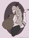 3:4 anthro antlers ashley_(vinthebat) belly big_belly big_breasts big_butt black_nipples blush bottomwear braided_hair breasts butt clothing dansharkman dark_nipples deer digital_media_(artwork) ear_tuft embarrassed female fluffy fluffy_tail fur grey_body grey_fur hair hair_over_eye half-length_portrait hand_on_belly hand_on_face hi_res horn huge_breasts hybrid long_hair mammal mountain_deer_dragon navel nipples outie_navel overweight overweight_anthro overweight_female pants portrait pregnant pregnant_anthro pregnant_female side_boob side_view simple_background smile solo striped_body striped_fur stripes tail thick_thighs tuft white_body white_fur wide_hips yoga_pants