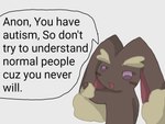 4:3 ableism ambiguous_gender anonymous_artist anthro brown_body brown_fur chibi degradation dogisaga english_text fur generation_4_pokemon humor kyung_and_friends lagomorph lol_comments long_ears lopunny mammal nintendo open_mouth pokemon pokemon_(species) purple_eyes reaction_image simple_background solo speech_bubble text white_background