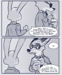 2016 anthro canid canine clothed clothing comic dialogue disney duo english_text eyewear fan_character female fox july_hopps_(mistermead) lagomorph leporid male mammal monochrome nick_wilde police police_uniform rabbit red_fox rockbottomfeeder simple_background sunglasses text true_fox uniform zootopia