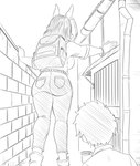 accessory anthro backpack big_breasts big_butt bottomwear breasts building butt butt_focus clothed clothing curvy_figure denim denim_bottomwear denim_clothing duo ears_up female hair hi_res human humanoid ippan_josei izuku_midoriya jeans larger_female male mammal mf_uncen_(artist) monochrome my_hero_academia pants quirked_human_(my_hero_academia) rear_view side_boob size_difference smaller_male wall_(structure)