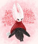 after_transformation animate_inanimate anthro arachnid arthropod arthropod_abdomen biped black_body blush clothing clothing_tag female hollow_knight hornet_(hollow_knight) internal_screaming living_plushie plushie red_clothing simple_background sinmarshmallow solo spider spread_legs spreading team_cherry torture