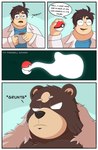 anthro bear black_hair brown_body brown_fur comic dialogue duo english_text eyewear fur gendomx generation_8_pokemon glasses hair hi_res human male male/male mammal muscular muscular_anthro muscular_male nintendo pecs pokeball pokemon pokemon_(species) pokemon_sleep professor_neroli text ursaluna