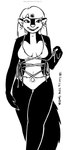 2022 anthro bikini black_and_white breasts clothed clothing ear_piercing ear_ring female fur hair hi_res kelly_o'dor looking_at_viewer mammal mephitid monochrome navel piercing ring_piercing skunk solo swimwear tegerio two-piece_swimsuit whiskers zandar's_saga