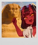 2023 5_fingers clothed clothing demon demon_humanoid eyebrows female fingers hair horn horned_humanoid humanoid humanoid_pointy_ears meru_(merunyaa) merunyaa not_furry open_mouth open_smile photo_background photography_(artwork) red_body red_skin smile solo sphinx_(sculpture)