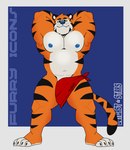 2024 anthro areola artist_name barazoku bedroom_eyes belly biceps blue_background border claws covering covering_crotch covering_self english_text eyebrows felid front_view frosted_flakes fur hands_behind_head hi_res kellogg's kerchief looking_at_viewer male mammal mascot musclegut muscular muscular_anthro muscular_male narrowed_eyes navel neckerchief nipples nude outcast-stars pantherine pecs pinup pose seductive simple_background smile solo standing text tiger tony_the_tiger tuft whiskers white_border