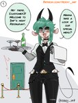 alcohol anthro beverage bovid bulge butler caprine choker clothed clothing comic dialogue english_text femboy fur goat green_hair grey_body grey_fur hair hi_res horn horny_imp imp_(horny_imp) jewelry looking_at_viewer male mammal necklace slim solo speech_bubble talking_to_viewer text url