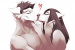 2018 anthro anthro_on_anthro brown_hair canid duo ears_back eyes_closed female fur hair heart_symbol kiss_on_lips kissing long_hair male male/female mammal messy_hair mouth_closed pivoted_ears short_hair simple_background unknowhiter white_background white_body white_fur