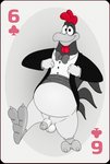 anthro avian avian_caruncle balls barefoot beak belly bird black_tie_(suit) bottomless bow_tie card card_template chicken circumcised clothed clothing clubs_(suit) dewlap_(anatomy) feet flaccid foghorn_leghorn galliform gallus_(genus) genitals head_crest hi_res humanoid_genitalia humanoid_penis leghorn_chicken looking_at_viewer looney_tunes male neenya penis phasianid playing_card playing_card_template restricted_palette simple_background six_of_clubs slightly_chubby smile solo standing suit suit_symbol topwear warner_brothers wattle