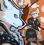 anthro arctic_fox blue_eyes canid canine canis clothed clothing detailed_background epic_games fortnite fox fur hi_res leather leather_clothing male mammal muscular muscular_anthro muscular_male pinumontbalou solo solo_focus spikes true_fox volpez_(fortnite) white_body white_fur