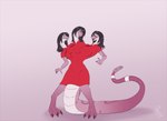 2022 anthro barefoot breasts clothed clothing digital_media_(artwork) digitigrade dress european_mythology feet female greek_mythology hydra mitosis multi_body_growth multi_head mythology open_mouth pink_body pink_scales red_clothing red_dress scales scalie sepisnake simple_background solo standing tail