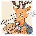 alternate_universe ambiguous_gender anthro antlers baby baby_bottle beastars bodily_fluids brown_body brown_eyes brown_fur canid canine canis cervine clean_diaper clothed clothing comic crying deer diaper diaper_only duo eden_fries english_text fan_character fangs father_(lore) father_and_child_(lore) fur holding_object horn hybrid looking_at_another louis_(beastars) male mammal parent_(lore) parent_and_child_(lore) red_deer senbug simple_background sweat sweatdrop tan_body tan_fur tears teeth text topless wearing_diaper wolf young