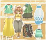 abstract_background ahoge anthro bottomwear brown_body brown_eyes brown_fur clothed clothing crop_top deer dress female fur hair hands_behind_back hooves jacket kemono mammal midriff multicolored_body multicolored_fur multiple_outfits navel open_mouth pants red_hair shirt skirt smile solo sweater sweater_vest topwear two_tone_body two_tone_fur utsuki_maito vest white_body white_fur wide_hips