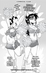 anthro canid canine cheerleader_outfit clothed clothing comic daigaijin duo english_text female fox fur furryfight_chronicles hair hi_res kalita_(furryfight_chronicles) lagomorph leporid mammal midriff monochrome muko navel pom_poms rabbit text