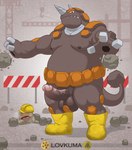 2021 anthro anthrofied armor balls barazoku belt biped body_armor boots brown_background brown_body carapace ceratopsian clothing clubbed_tail construction_site construction_worker crane_(machine) dinosaur duo elemental_creature erect_tail erection footwear footwear_only generation_1_pokemon generation_4_pokemon genitals geodude hard_hat headgear helmet hi_res hole_(anatomy) horn humanoid_genitalia humanoid_penis lovkuma male mineral_fauna moobs mostly_nude nintendo nipples ornithischian overweight overweight_anthro overweight_male palms penis pokemon pokemon_(species) pokemorph prehistoric_species reptile rhyperior rock rock_creature rubble scaffolding scalie sharp_teeth shoes shoes_only signature simple_background solo_focus spiral_eyes steel tail teeth text thick_penis underbite vein veiny_penis weapon_tail