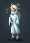 absurd_res anthro antlers blonde_hair breasts buckteeth clothing deer deltarune doe_with_antlers eye_through_hair female freckles hair hi_res hooded_robe hooves horn long_hair looking_at_viewer mammal maroon_(artist) name_drop new_world_deer noelle_holiday platinum_blonde red_nose reindeer robe simple_background snowflake snowgrave solo spiked_ring teeth translucent translucent_hair undertale_(series)