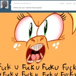 1:1 angry applejack_(mlp) ask_jappleack blonde_hair close-up dialogue earth_pony english_text equid equine female freckles friendship_is_magic hair hasbro horse hotdiggedydemon mammal my_little_pony open_mouth pony profanity solo teeth text tumblr what_has_magic_done