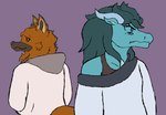 2022 angry anthro blue_eyes blush blush_lines brown_body brown_fur brown_inner_ear canid canine clothed clothing digital_drawing_(artwork) digital_media_(artwork) dragon duo firealpaca_(artwork) flat_colors frown fur green_hair grey_horn grey_nose hair hi_res hoodie horn male mammal maned_wolf mythological_creature mythological_scalie mythology sav_(savy) savy_(artist) scalie smile snout sweater tail teal_body teal_scales topwear white_clothing white_hoodie white_sweater white_topwear