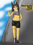 2024 anthro baseball_bat bat_(object) bottomwear clothed clothing eeveelution english_text female fully_clothed generation_1_pokemon hi_res jolteon jolteon_day nintendo outside pokemon pokemon_(species) shirt shorts sin_cyan06 solo tank_top text topwear