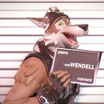 1:1 2023 3d_(artwork) anthro armor barbie_and_ken_mugshot_meme blender_(artwork) brown_body brown_fur bust_portrait canid canine canis clothing digital_media_(artwork) dollymolly323 english_text epic_games fingerless_gloves fortnite fur gloves handwear headgear helmet hi_res holding_object humanoid_hands looking_at_viewer male mammal meme mugshot open_mouth open_smile portrait smile solo text wendell_(fortnite) wolf yellow_sclera