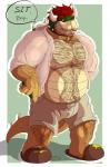 2015 2_horns abs anthro arm_hair barazoku belly belly_hair biceps biped body_hair border bowser bulge clothing dialogue dragonslash english_text fluffy footwear forearm_hair forearms gesture green_background hairy hairy_legs hand_gesture happy_trail hi_res home horn koopa male mammal mario_bros mature_anthro mature_male muscular muscular_anthro muscular_male nintendo overweight overweight_anthro overweight_male pinup pointing pointing_down pose red_eyes scalie shell shirt shoes simple_background slippers solo standing star starman stomach_hair text topwear white_border white_clothing white_shirt white_topwear