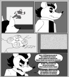 absurd_res anthro big_muscles clothing coat comic duo english_text eyewear gabriel_(parttimeyeen) glasses goar hi_res horn huge_muscles huge_thighs hyper hyper_muscles lab_coat long_ears male mammal monochrome mouse murid murine muscular muscular_anthro muscular_arms muscular_legs muscular_male muscular_thighs parttimeyeen_(artist) professor_jotunheimer_(parttimeyeen) rodent superhero text thick_thighs topwear