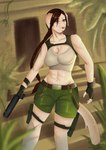 abs absurd_res anthro backpack belt belt_buckle bottomwear breasts buckle canid canine cleavage clothed clothing crop_top female fingerless_gloves gloves gun hair handgun handwear hi_res holster jakinsstudio lara_croft mammal navel pistol ponytail ranged_weapon shirt shorts solo tank_top tomb_raider topwear weapon