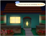 5:4 animal_crossing anthro border building dialogue dialogue_box dizzy_(animal_crossing) elephant elephantid hi_res house jouigidragon lights male mammal name_in_dialogue night nintendo offscreen_character outside proboscidean solo speech_bubble white_border